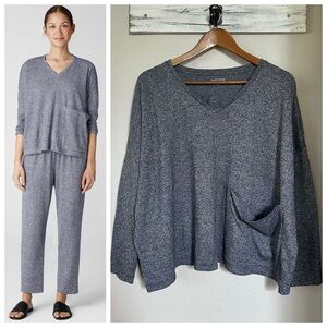 EILEEN FISHER L XL Organic Cotton Hemp Melange V-Neck Pocket Top Black White